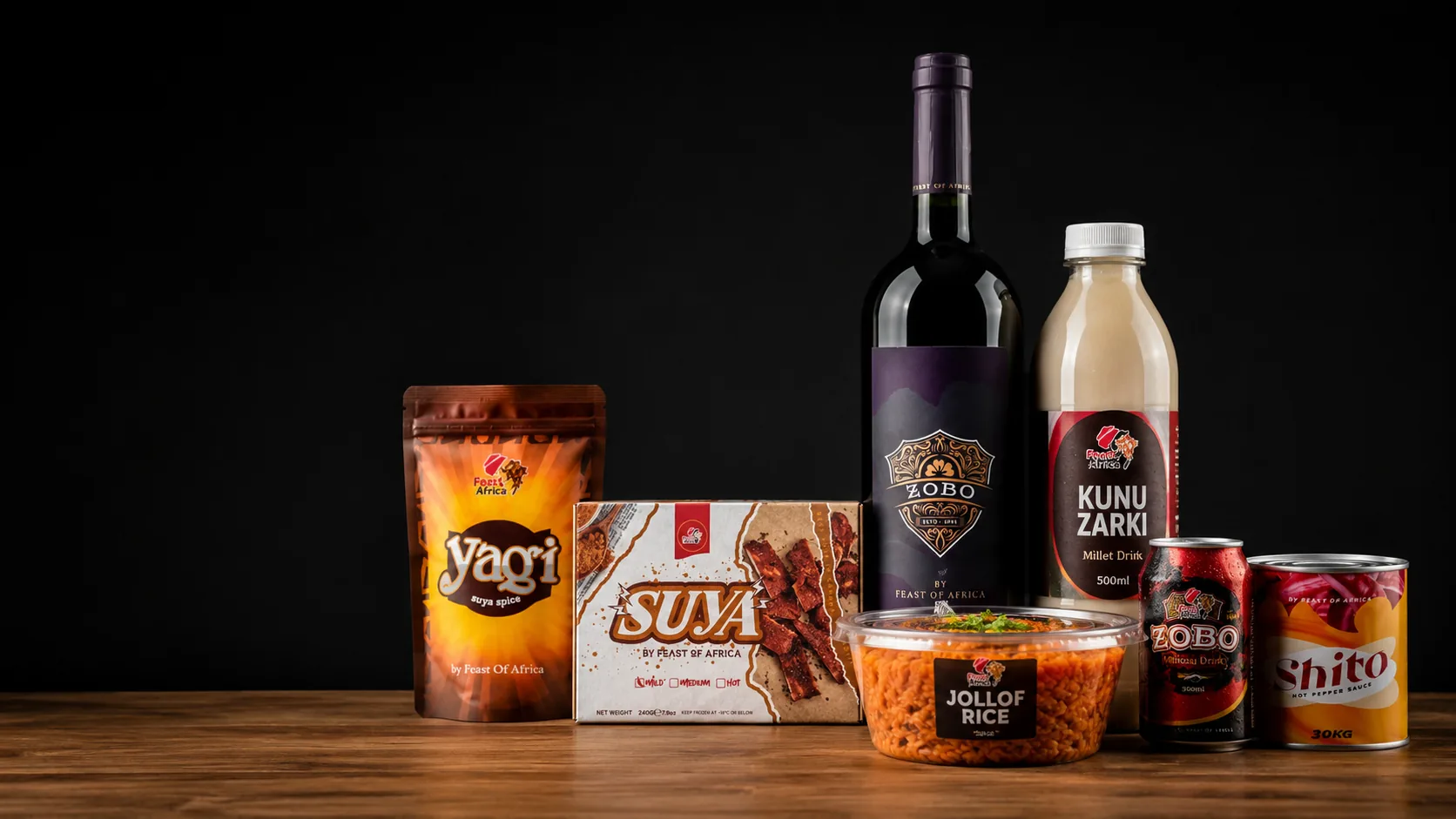 The full Feast of Africa range lined up: yagi suya spice, boxed suya, zobo, kunu zaki, jollof rice and shito